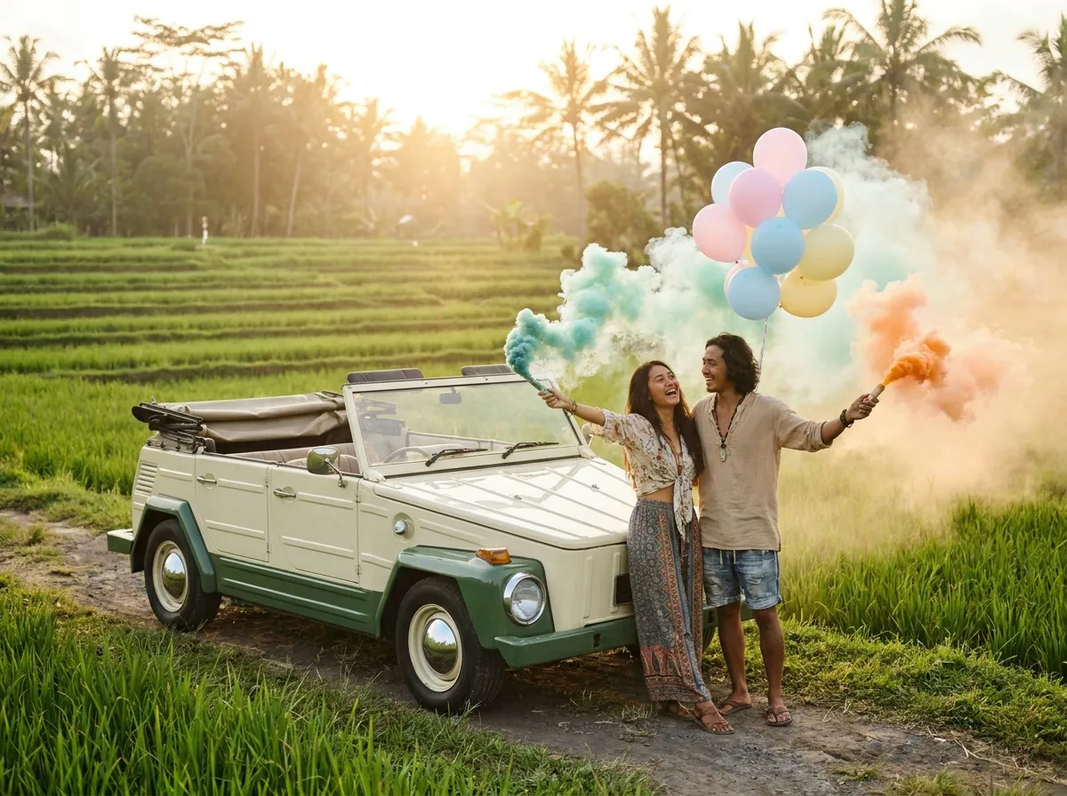 Pasangan tertawa di samping VW Safari klasik sambil memegang smoke bomb warna-warni di tengah sawah saat golden hour