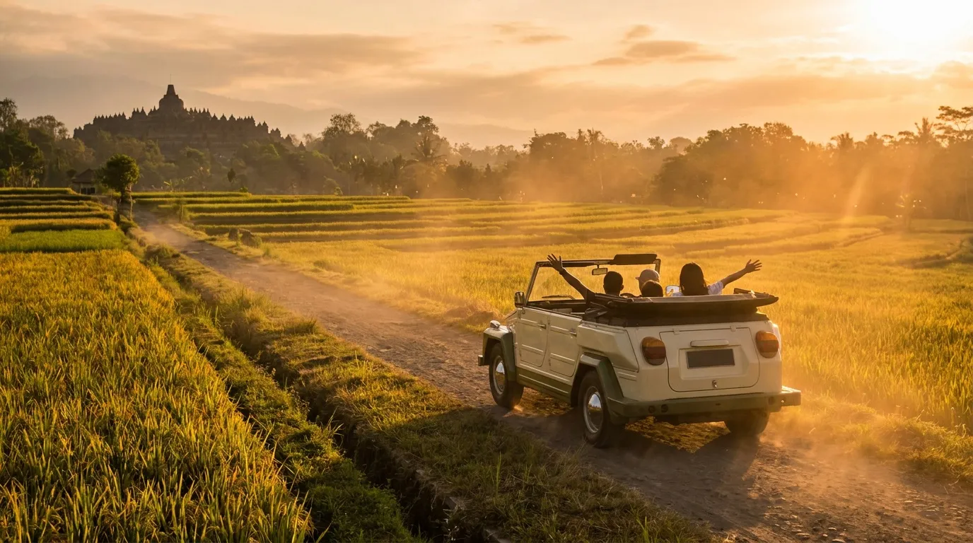 VW Safari klasik melaju di jalan sawah saat matahari terbenam, wisatawan melambai dari mobil terbuka