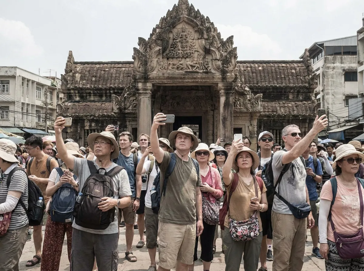 Kerumunan padat wisatawan mengantre di pintu masuk candi di bawah terik matahari siang